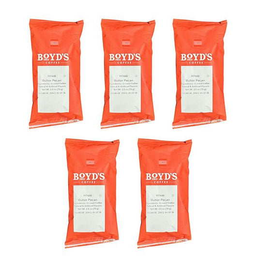  Boyd's Butter Pecan Ground Coffee, 5/2.5oz Pre-Portioned Packets - 12.5oz Total - Nutty Buttery Flavor