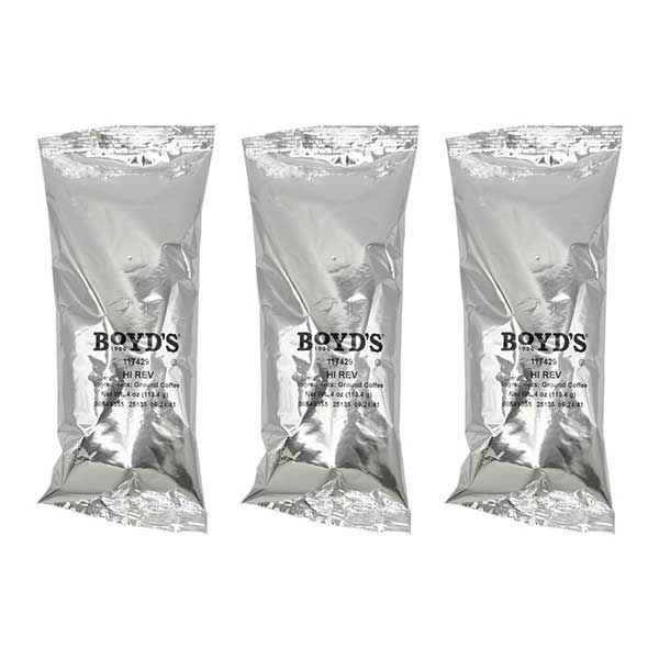  Boyd's Hi-Rev Ground Coffee, Medium-Dark Roast, 3 Pack – 4 Oz Portions