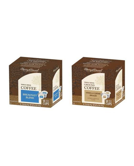  Harry & David Coffee Combo, Breakfast Blend, Vanilla Creme Brulee 2/18 Ct Boxes