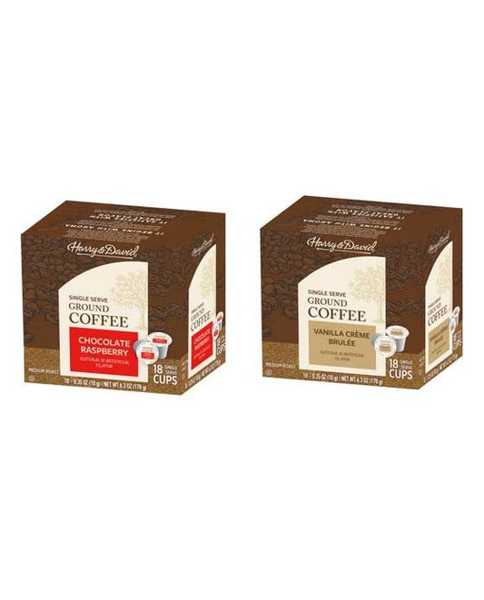  Harry & David Coffee Combo,Chocolate Raspberry, Vanilla Creme Brulee 2/18 Ct Boxes