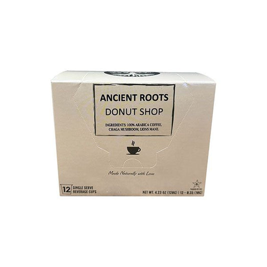  Ancient Roots Single Serve Mushroom Coffee, Made With Chaga And Lion's Mane, 100% Arabica, Medium Roast, (Donut Shop) (12 Count)