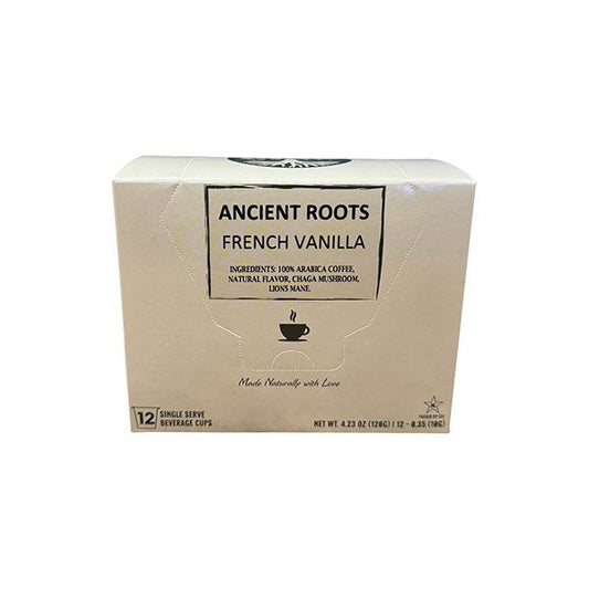  Ancient Roots Single Serve Mushroom Coffee, Made With Chaga And Lion's Mane, 100% Arabica, Medium Roast, (French Vanilla) (12 Count)