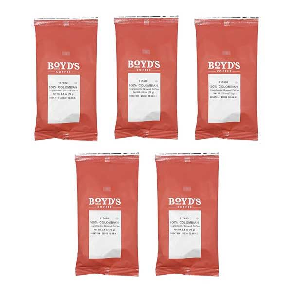  Boyd's 100% Colombian Ground Coffee, Light Roast, 5 Pack – 2.5 Oz Portions