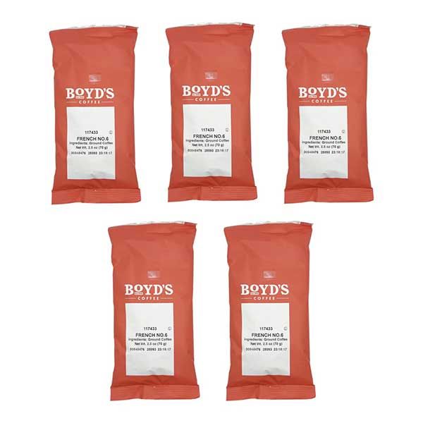  Boyd's French No. 6 Ground Coffee, Dark Roast, 5 Pack – 2.5 Oz Portions