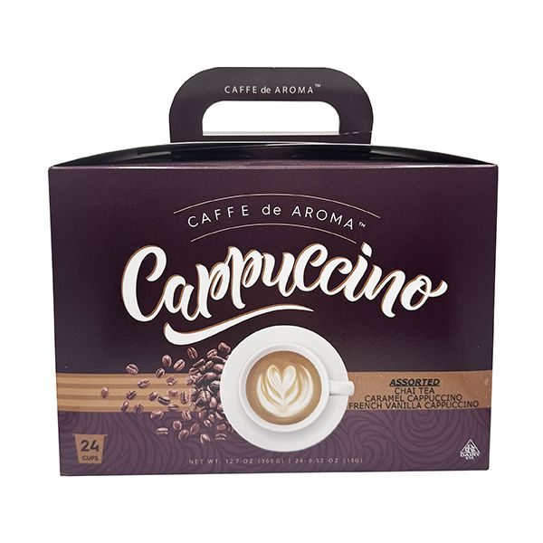  Caffe De Aroma Cappuccino Sampler, 24 Cups – 8 Each Vanilla Chai, Caramel, French Vanilla