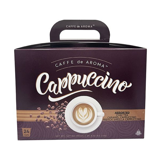  Caffe De Aroma Cappuccino Sampler, 24 Cups – 8 Each Vanilla Chai, Caramel, French Vanilla