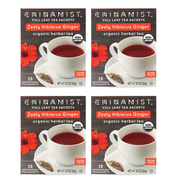  China Mist - Zesty Hibiscus Ginger Organic Black Full Leaf Tea Sachet, 4 Boxes 15 Count Each 