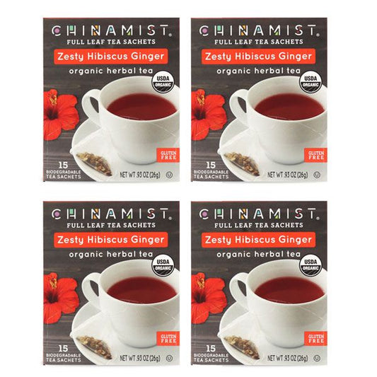  China Mist - Zesty Hibiscus Ginger Organic Black Full Leaf Tea Sachet, 4 Boxes 15 Count Each 