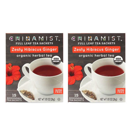  China Mist - Zesty Hibiscus Ginger Organic Black Full Leaf Tea Sachet, 2 Boxes 15 Count Each - Biodegradable And Individually Wrapped