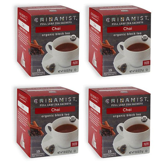  China Mist - Chai Organic Black Full Leaf Tea Sachet, 4 Boxes 15 Count Each