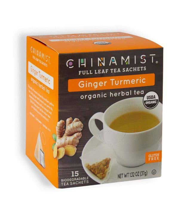  China Mist Full Leaf Tea Sachets, Ginger Turmeric Organic Herbal Tea, 15 Biodegradeable Tea Sachets