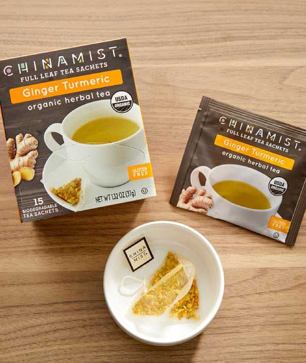  China Mist Full Leaf Tea Sachets, Ginger Turmeric Organic Herbal Tea, 15 Biodegradeable Tea Sachets