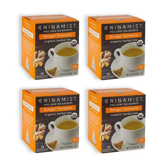  China Mist Full Leaf Tea Sachets, Ginger Turmeric Organic Herbal Tea, 4 Boxes (15 Count Each)