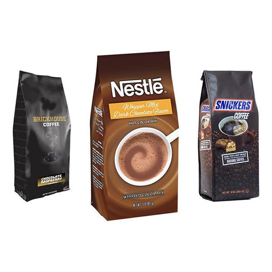  Chocolate Coffee & Cocoa Set: Brickhouse Chocolate Raspberry Coffee, Snickers Coffee, Nestle Dark Chocolate Cocoa Mix