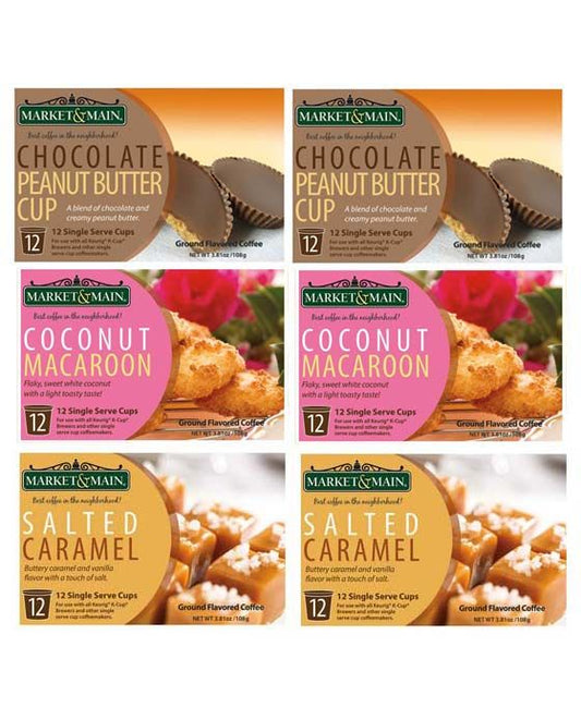  Market & Main Chocolate Peanut Butter, Salted Caramel, Coconut Macaroon 24 Cups Each