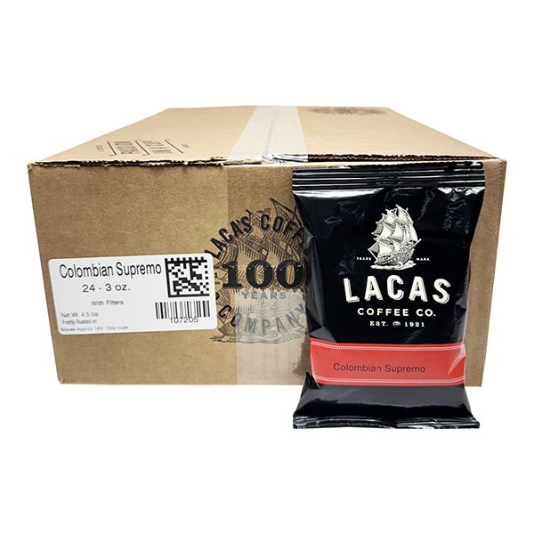  Lacas Coffee Colombian Supremo Ground Coffee, Medium Roast, 24 X 3oz Fractional Packs With Filters