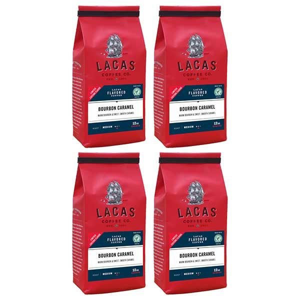  Lacas Coffee Company, Bourbon Caramel, Medium Fine Ground Coffee, 4/12oz Bags