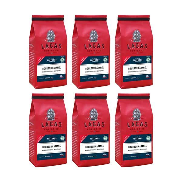  Lacas Coffee Company, Bourbon Caramel, Medium Fine Ground Coffee, 6/12oz Bags
