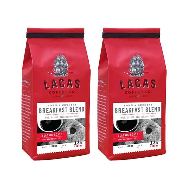 Lacas Coffee Company, Town & Country (Breakfast Blend), Medium Fine Ground Coffee, 2/12oz Bags