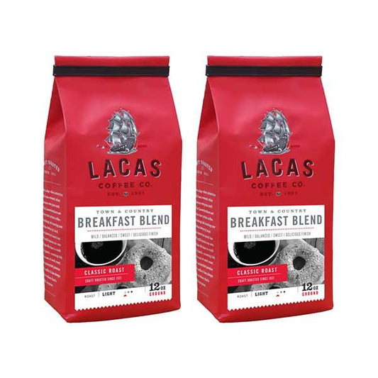  Lacas Coffee Company, Town & Country (Breakfast Blend), Medium Fine Ground Coffee, 2/12oz Bags