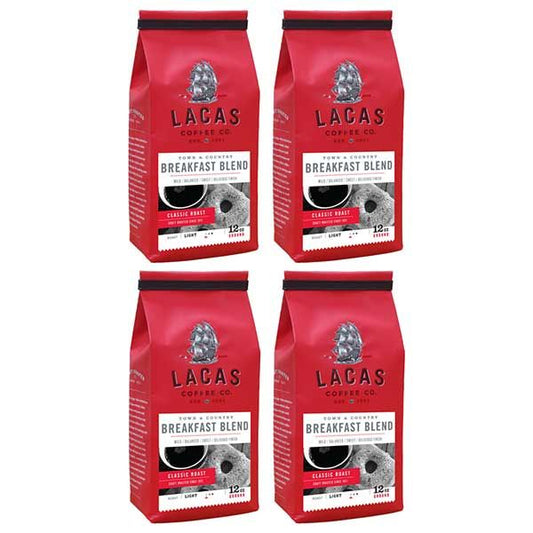  Lacas Coffee Company, Town & Country (Breakfast Blend), Medium Fine Ground Coffee, 4/12oz Bags