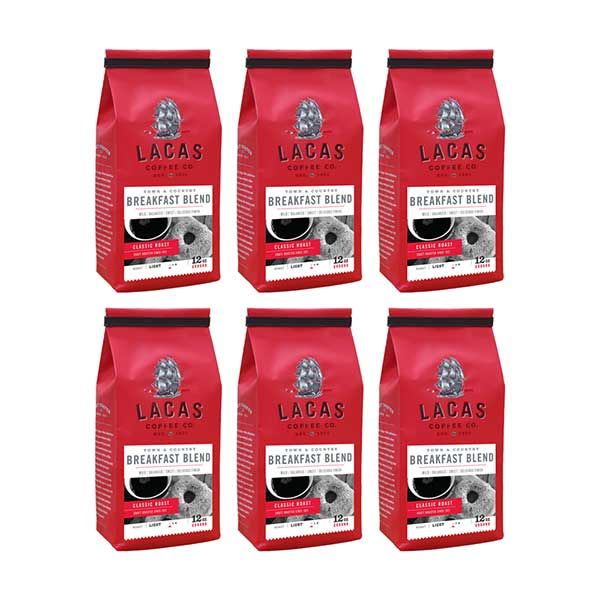  Lacas Coffee Company, Town & Country (Breakfast Blend), Medium Fine Ground Coffee, 6/12oz Bags
