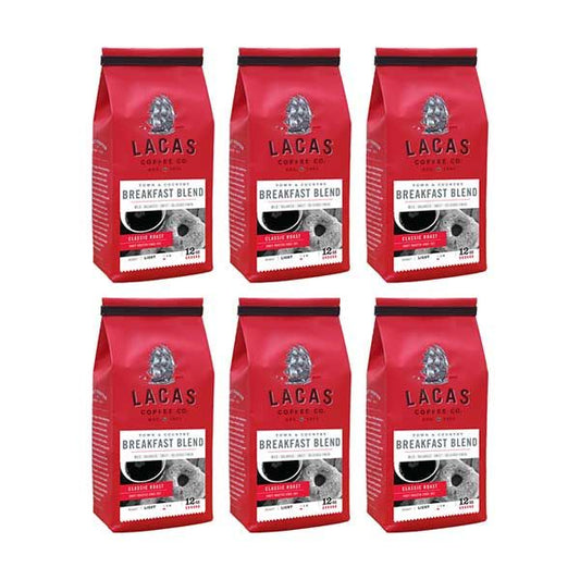  Lacas Coffee Company, Town & Country (Breakfast Blend), Medium Fine Ground Coffee, 6/12oz Bags