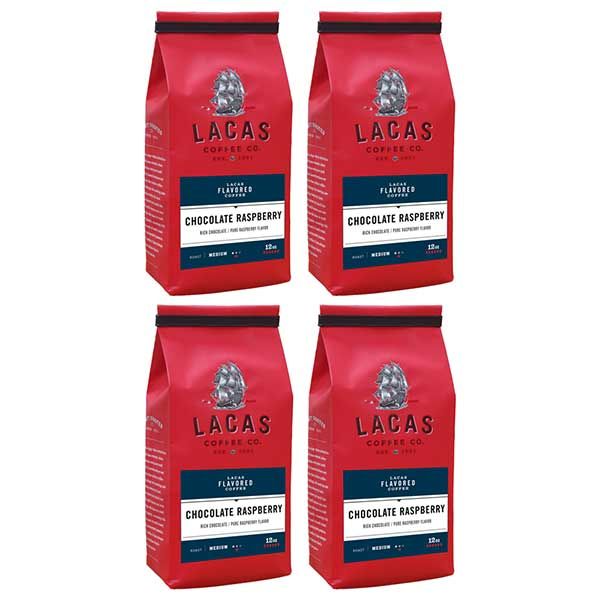  Lacas Coffee Company, Chocolate Raspberry, Medium Fine Ground Coffee, 4/12oz Bags