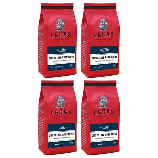  Lacas Coffee Company, Chocolate Raspberry, Medium Fine Ground Coffee, 4/12oz Bags