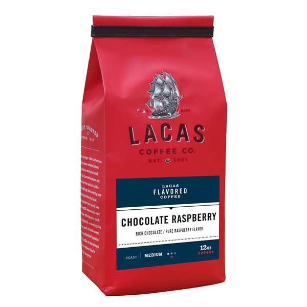  Lacas Coffee Company, Chocolate Raspberry, Medium Fine Ground Coffee, 4/12oz Bags