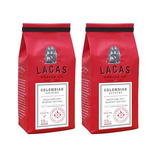  Lacas Coffee Company, Colombian Supremo, Medium Fine Ground Coffee, 2/12oz Bags