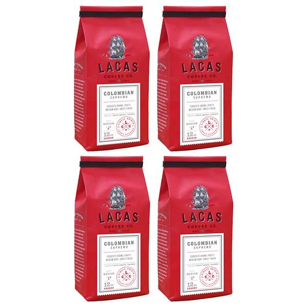  Lacas Coffee Company, Colombian Supremo, Medium Fine Ground Coffee, 4/12oz Bags