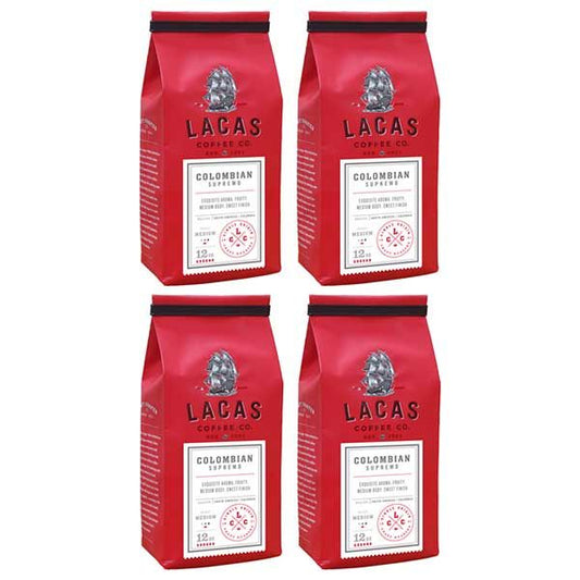  Lacas Coffee Company, Colombian Supremo, Medium Fine Ground Coffee, 4/12oz Bags