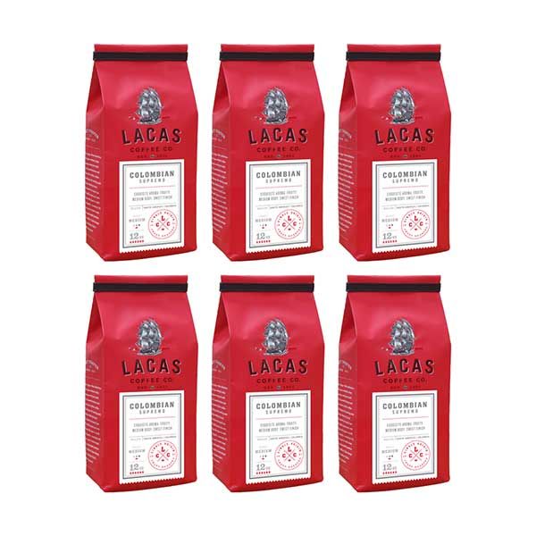  Lacas Coffee Company, Colombian Supremo, Medium Fine Ground Coffee, 6/12oz Bags