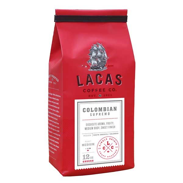  Lacas Coffee Company, Colombian Supremo, Medium Fine Ground Coffee, 2/12oz Bags