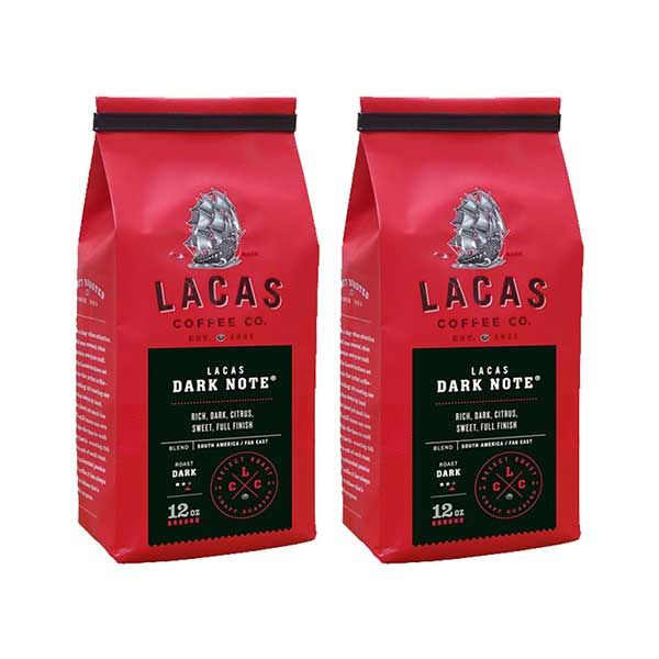  Lacas Coffee Company, Dark Note, Medium Fine Ground Coffee, 2/12oz Bags