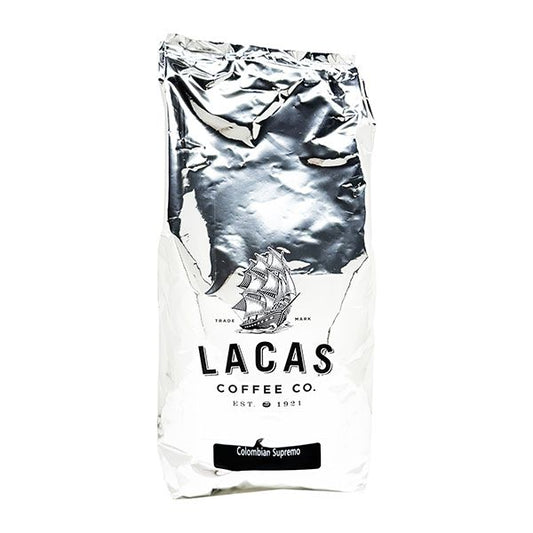  Lacas Coffee Colombian Supremo Whole Bean, Medium Roast, 5lb Bag