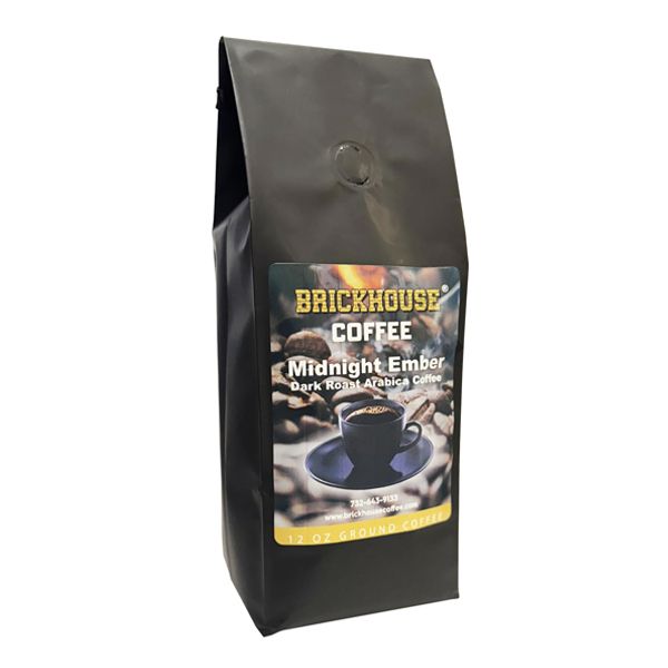  Brickhouse Coffee Midnight Ember Dark Roast, 100% Arabica Ground Coffee, Bold & Smoky Flavor, 12oz Bag