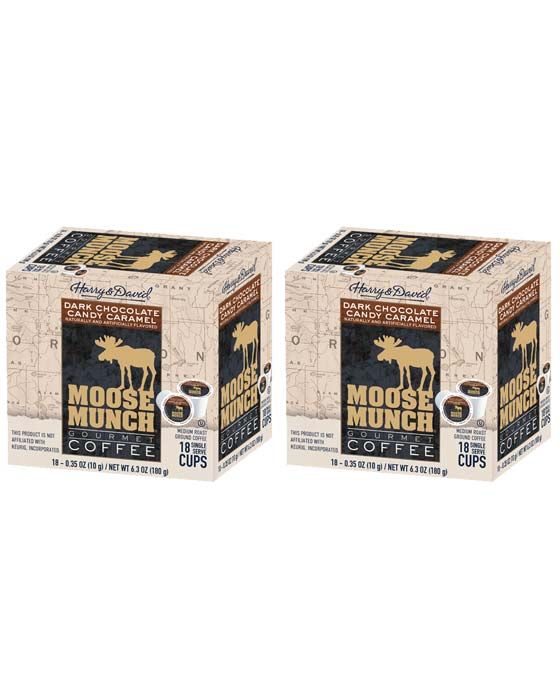 Moose Munch Single Serve Coffee By Harry & David, Dark Chocolate Candy Caramel, 2/18 Count