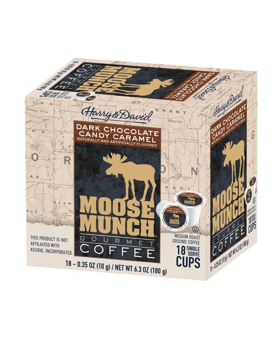  Moose Munch Single Serve Coffee By Harry & David, Dark Chocolate Candy Caramel, 4/18 Count