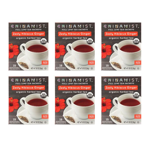 China Mist - Zesty Hibiscus Ginger Organic Black Full Leaf Tea Sachet, 6 Boxes 15 Count Each 