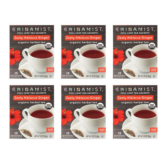  China Mist - Zesty Hibiscus Ginger Organic Black Full Leaf Tea Sachet, 6 Boxes 15 Count Each 