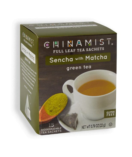  China Mist Sencha With Matcha Green Tea Sachets, 15 Count Box - Biodegradable And Individually Wrapped