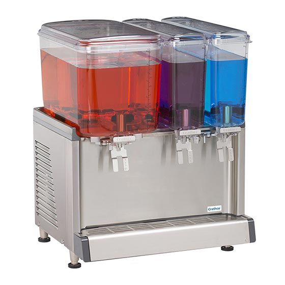  Crathco CS-3D-16 Simplicity Bubbler Series Triple Bowl Premix Cold Beverage Dispenser With (1) 4.75 Gallon Hopper, (2) 2.4 Gallon Hoppers With Agitation Function