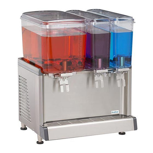  Crathco CS-3D-16 Simplicity Bubbler Series Triple Bowl Premix Cold Beverage Dispenser With (1) 4.75 Gallon Hopper, (2) 2.4 Gallon Hoppers With Agitation Function