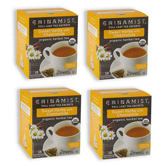  China Mist - Organic Sweet Herbs With Chamomile Herbal Tea Sachets, 4 Box 15 Count Each