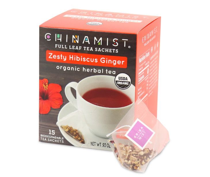  China Mist - Zesty Hibiscus Ginger Organic Black Full Leaf Tea Sachet, 6 Boxes 15 Count Each 
